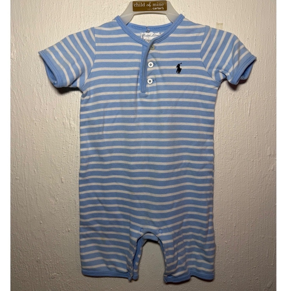 Ralph Lauren Baby Boy Blue White Striped Henley Romper 9M Short Sleeve Pony Logo